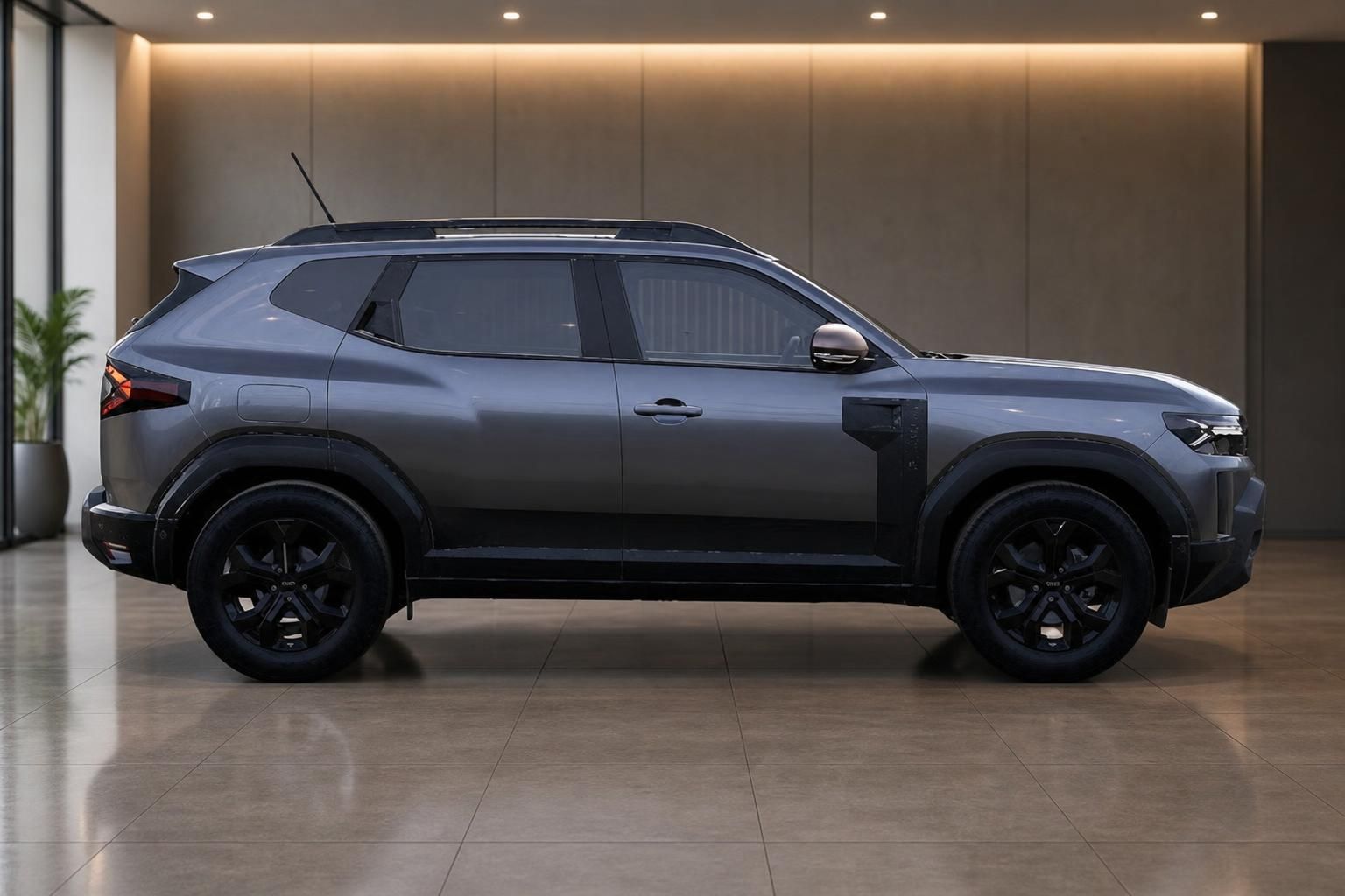 Dacia Duster SUV rechte Seitenansicht in grau mit schwarzen Felgen im Studio