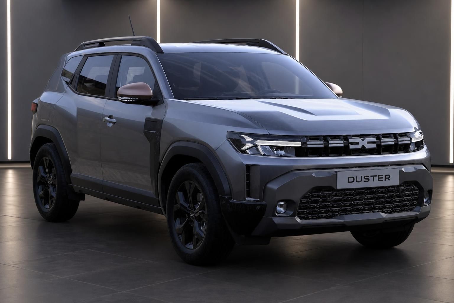 Dacia Duster SUV Frontansicht schräg in grauer Metallic-Lackierung im Ausstellungsraum