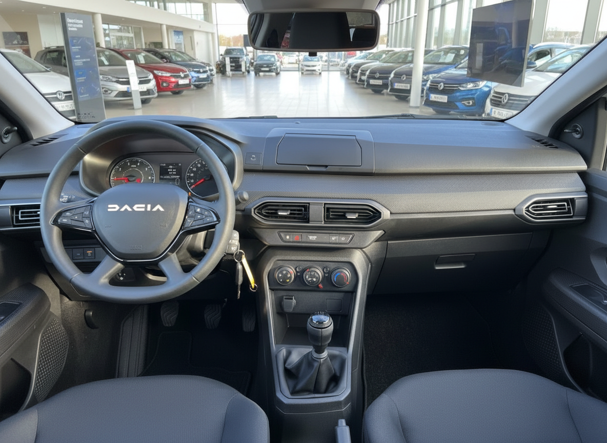 Dacia Innenraum Cockpit mit Lenkrad, Schaltgetriebe und Armaturenbrett in Autohaus