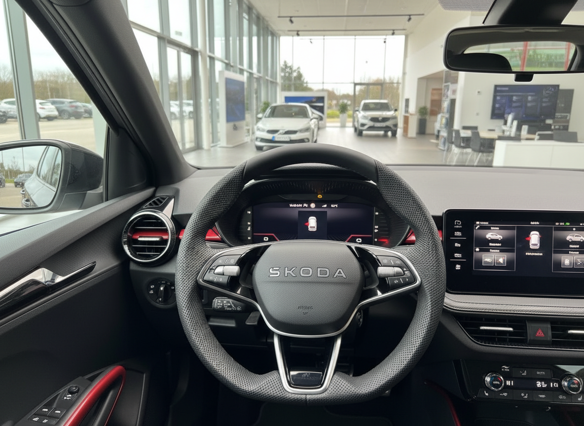 Škoda Innenraum mit Lenkrad und digitalem Cockpit in einem Autohaus