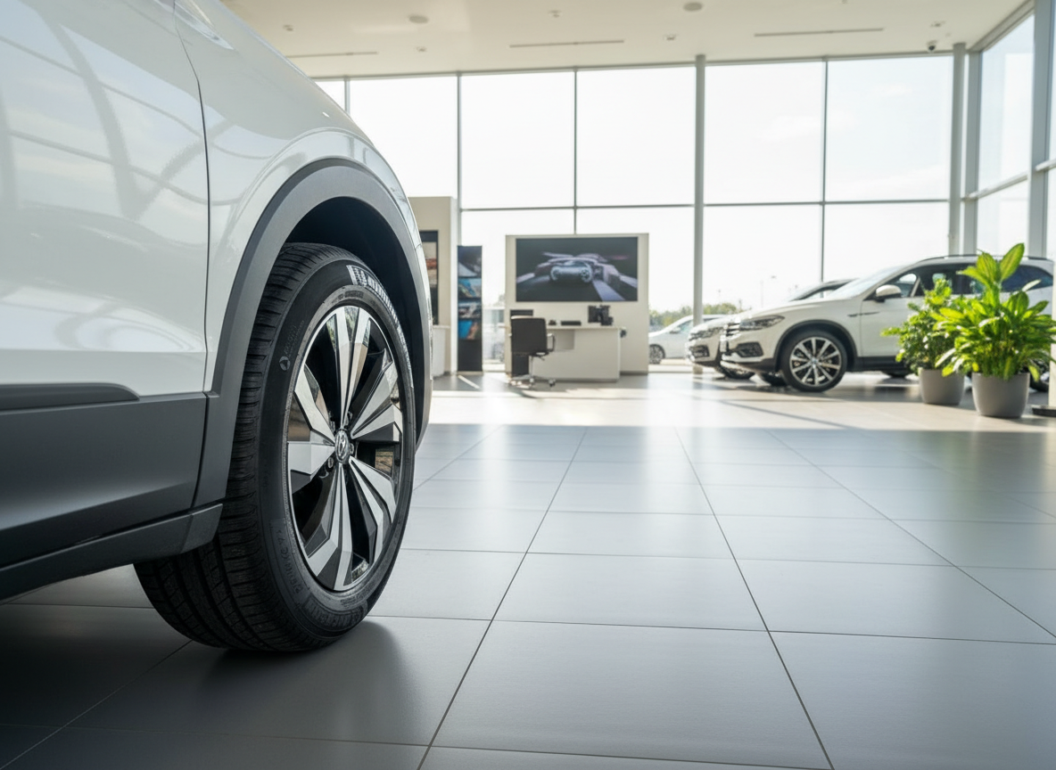 Weißer Volkswagen SUV im modernen Autohaus-Showroom mit weiteren VW-Fahrzeugen im Hintergrund
