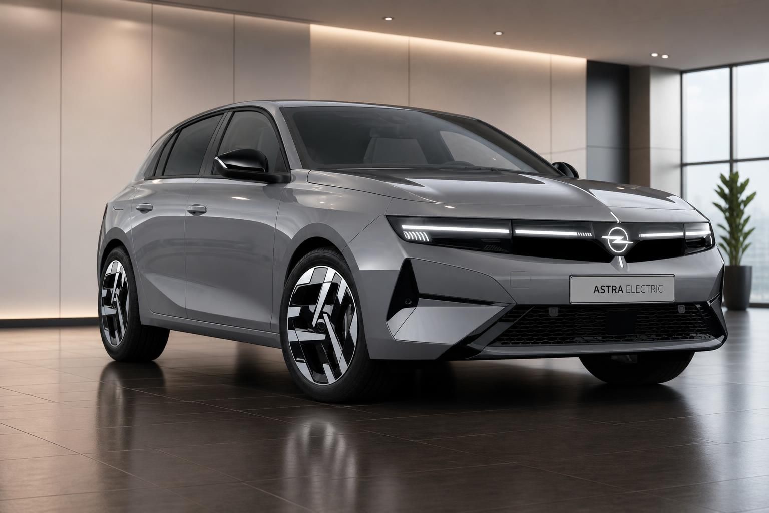 Opel Astra Electric grau Frontansicht mit LED-Lichtband