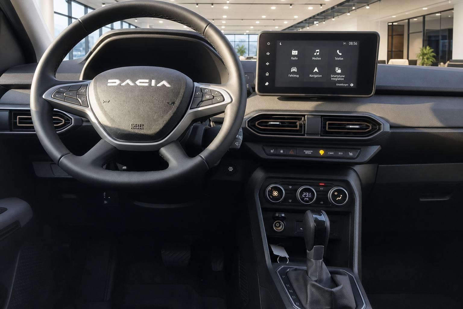 Dacia Cockpit mit Lenkrad und Infotainment-Display im Detail