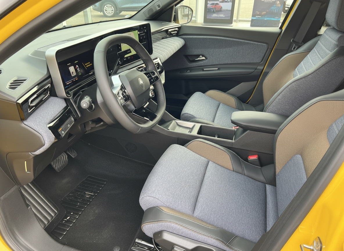 Renault Innenraum mit modernem Cockpit, Dual-Display und zweifarbigen Stoffsitzen in Grau-Braun