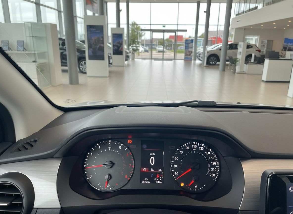 Fahrzeug-Innenraum mit Armaturenbrett und Tacho im Autohaus-Showroom