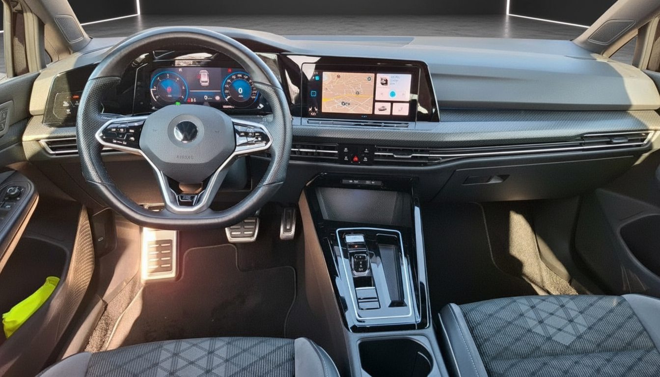 Volkswagen Golf 8 Innenraum mit digitalem Cockpit, Infotainment-Touchscreen und DSG-Schalthebel