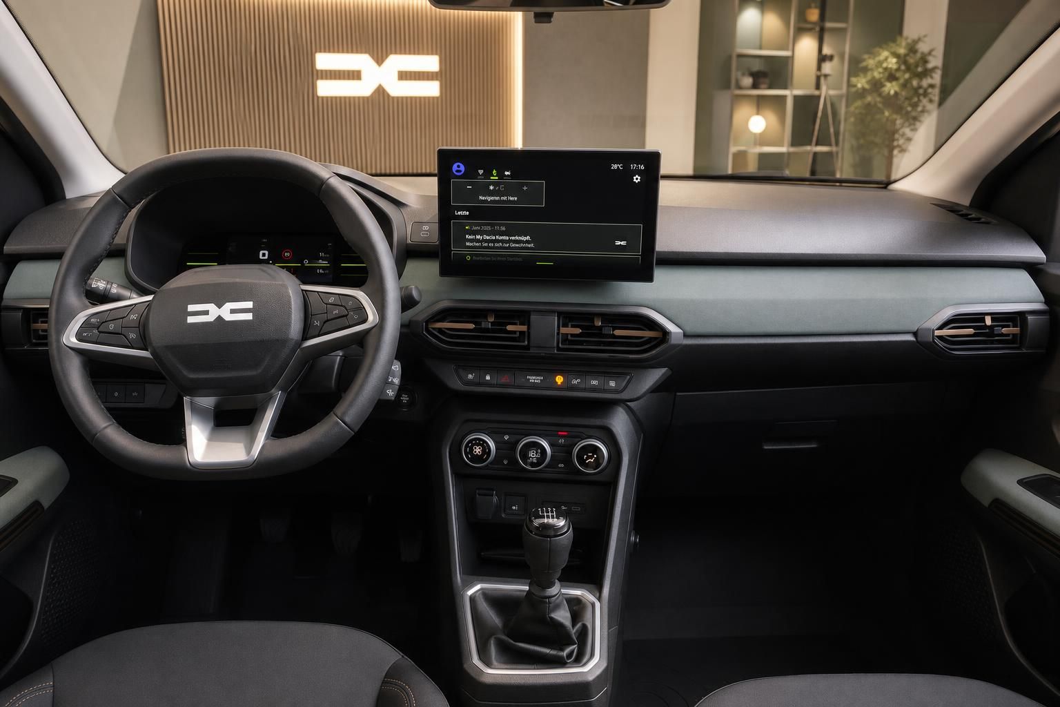 Dacia Sandero Stepway Cockpit mit Touchscreen, Lenkrad und Schaltgetriebe – Innenraumansicht
