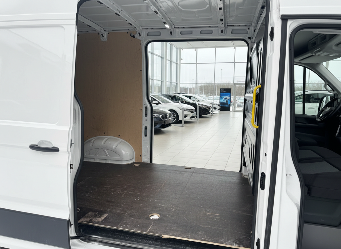 Weißer Transporter Laderaum geöffnet im Autohaus mit Holzboden und hohem Dach