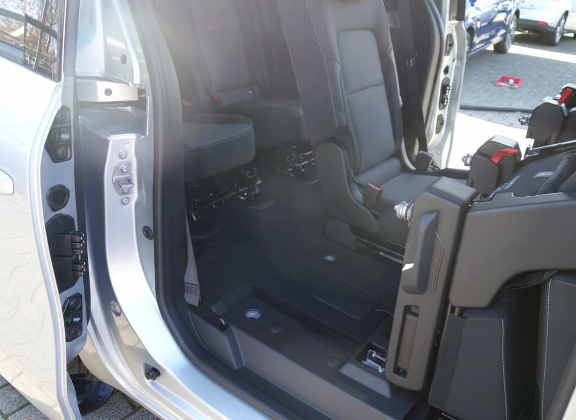 Minivan Innenraum mit geöffneter Schiebetür, flexible Sitzanordnung und Schienensystem