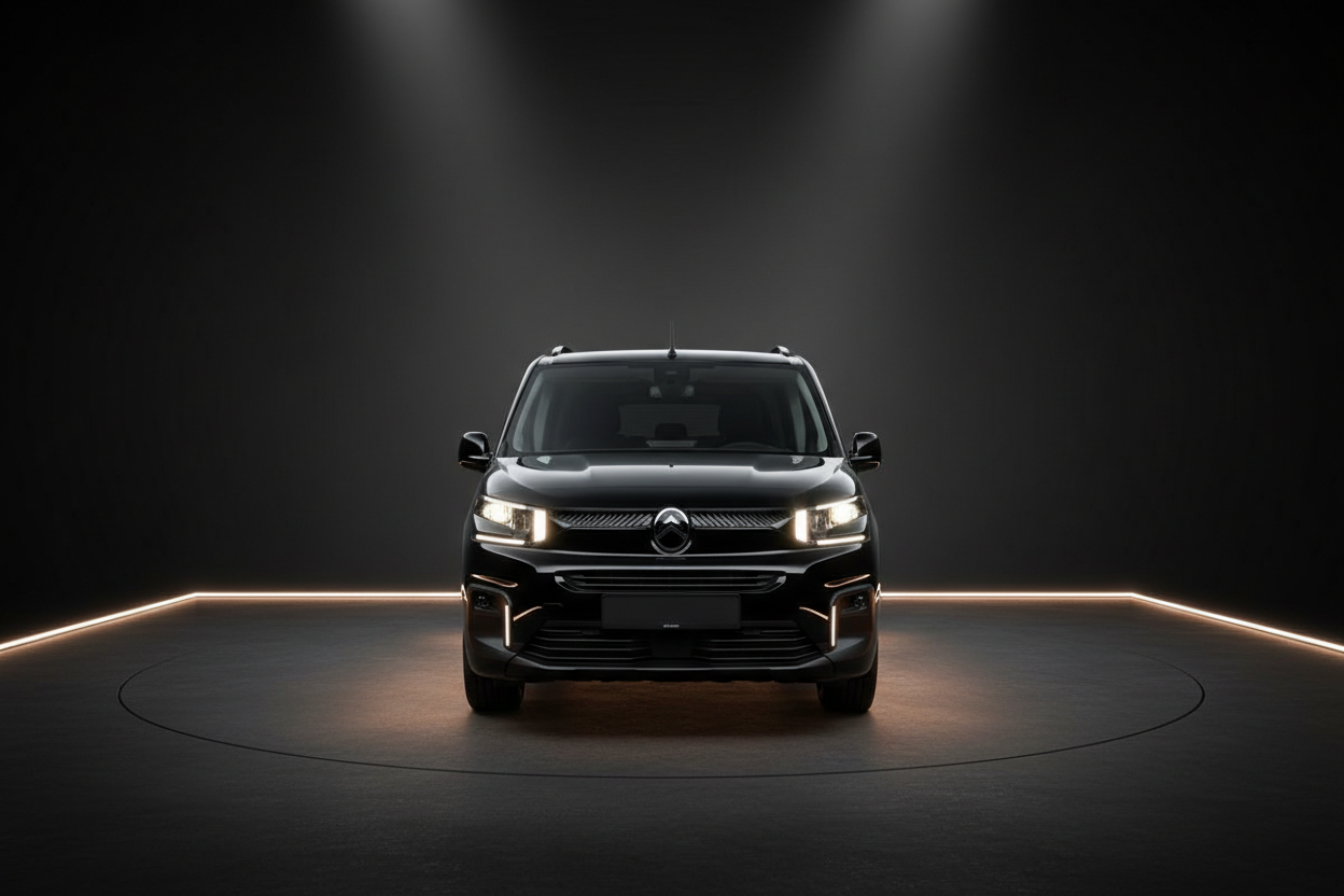 Citroën Berlingo in Schwarz Frontansicht im Fotostudio mit Scheinwerferlicht