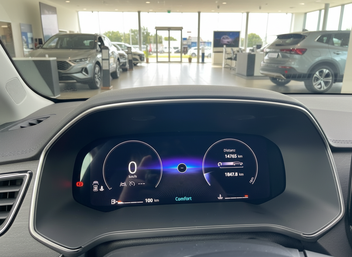 Digitales Kombiinstrument Innenraum eines VW SUV im Autohaus mit 0 km/h Anzeige Comfort-Modus