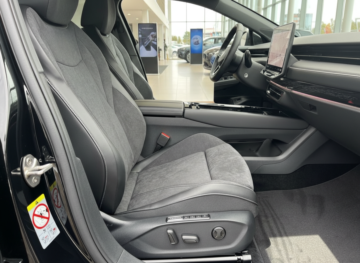 Fahrzeuginnenraum mit schwarzen Alcantara-Sitzen und modernem Touchscreen-Infotainmentsystem im Autohaus