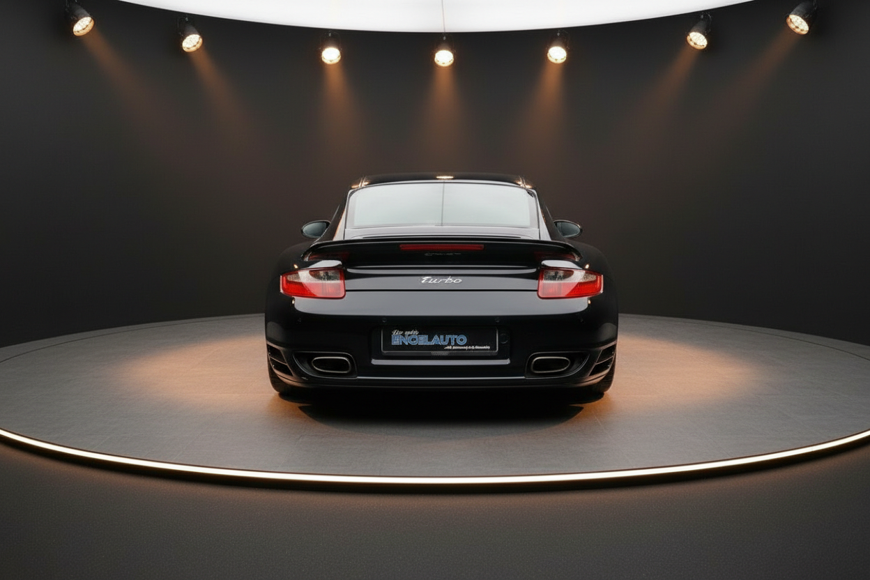 Schwarzer Porsche 911 Turbo 997 Heckansicht im Fotostudio