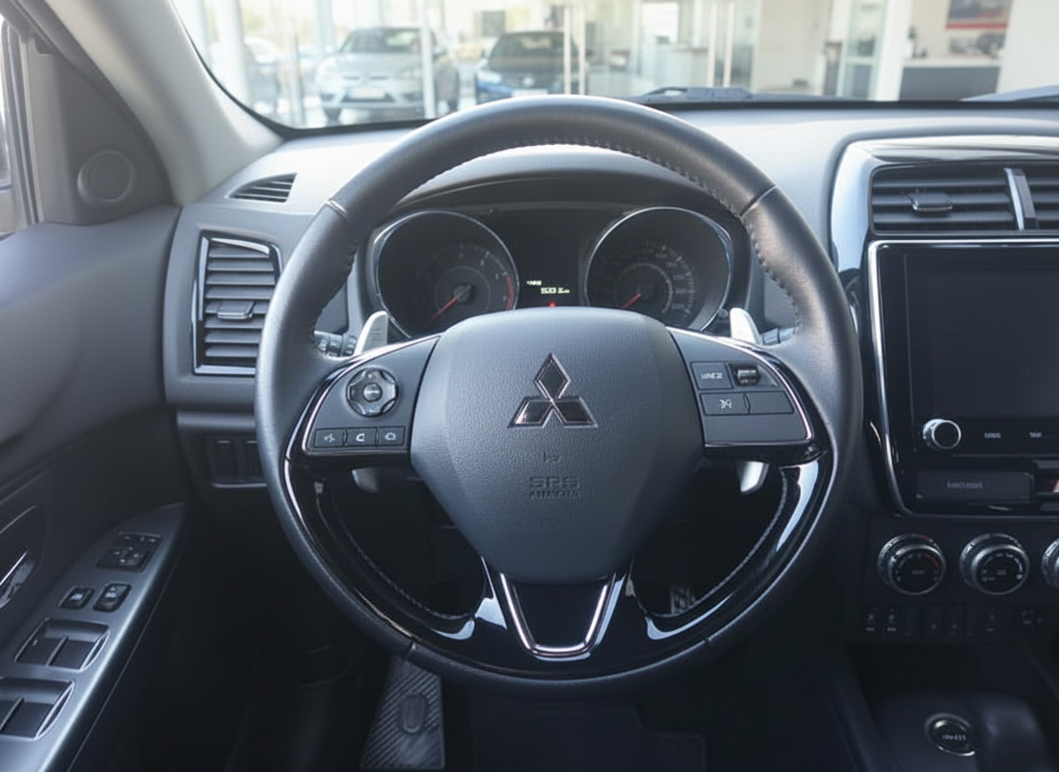 Mitsubishi Innenraum mit Lenkrad, Instrumententafel und Touchscreen-Infotainment