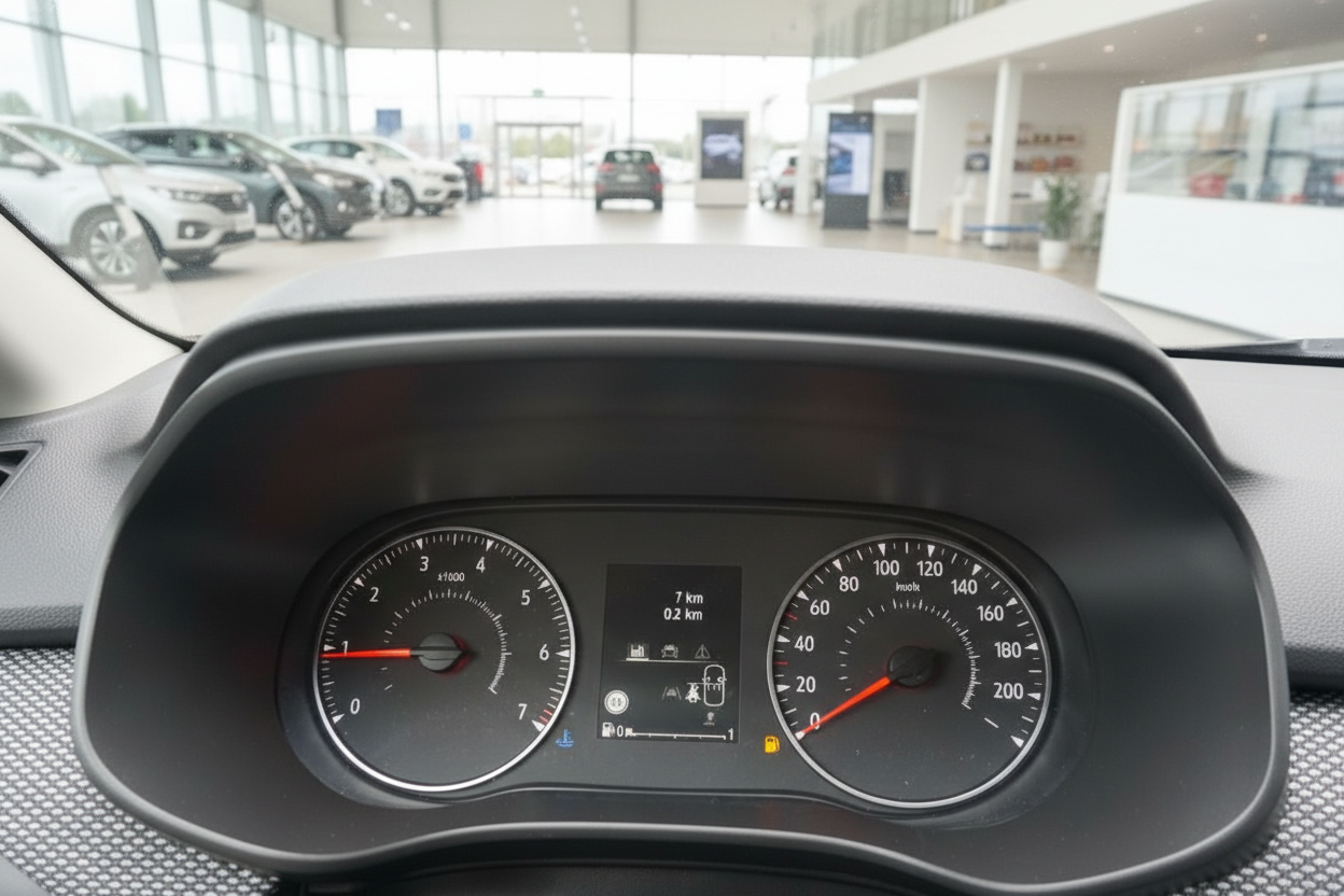 Fahrzeug-Cockpit mit Tachometer und Drehzahlmesser, Kilometerstand 7 km, Autohaus im Hintergrund