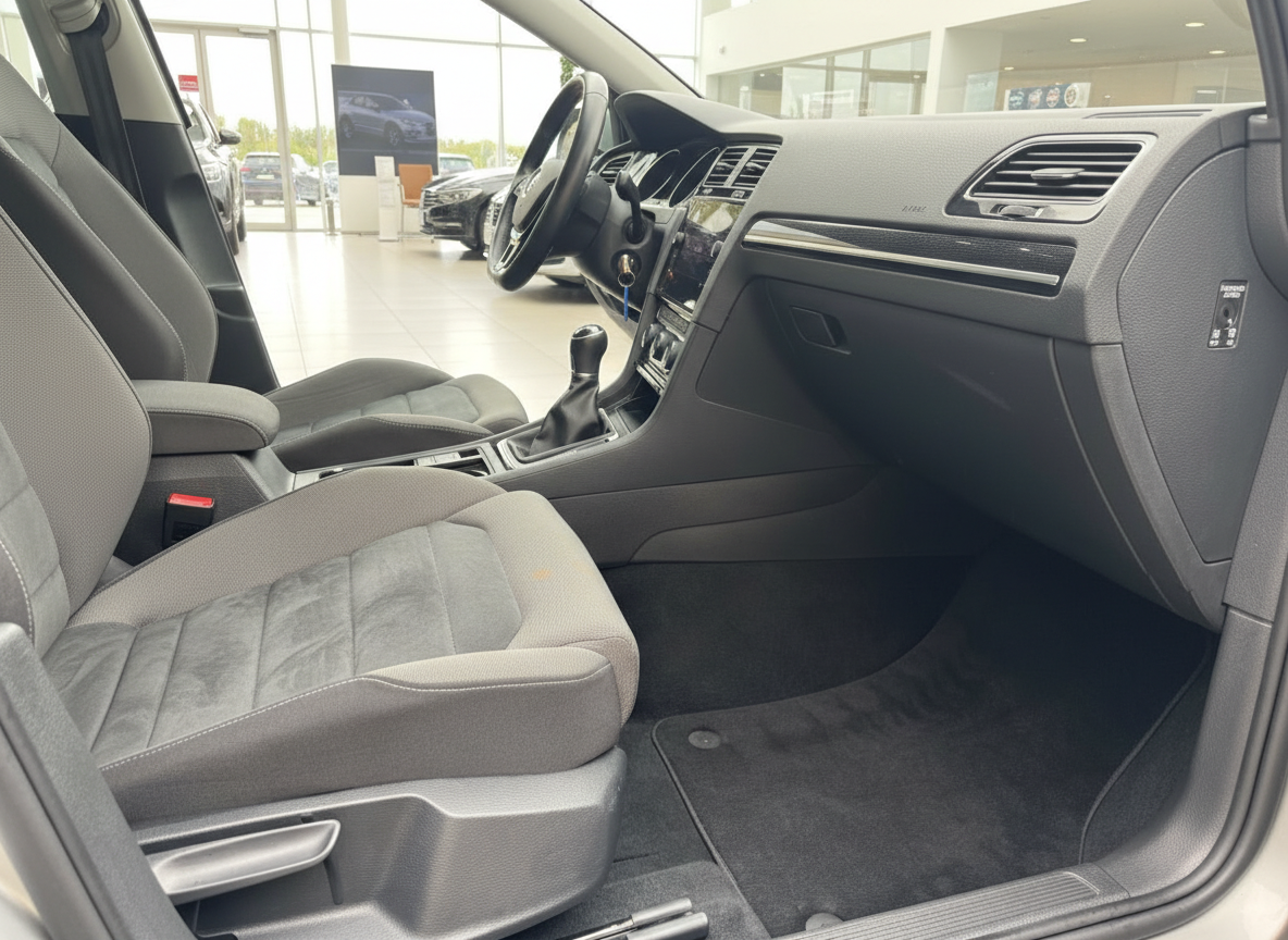 VW Golf Innenraum Beifahrerseite mit Alcantara Sitzen und Schaltgetriebe im Autohaus