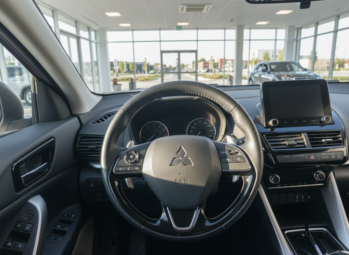 Mitsubishi Innenraum mit Lenkrad, Infotainment-Display und Armaturenbrett im Autohaus