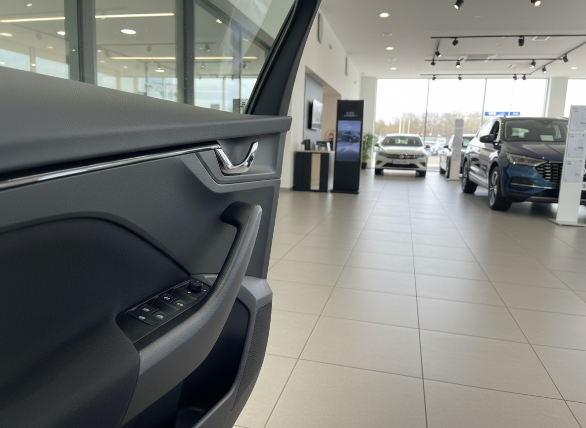 Fahrzeugtür-Innenverkleidung mit Fensterheber im modernen Autohaus-Showroom