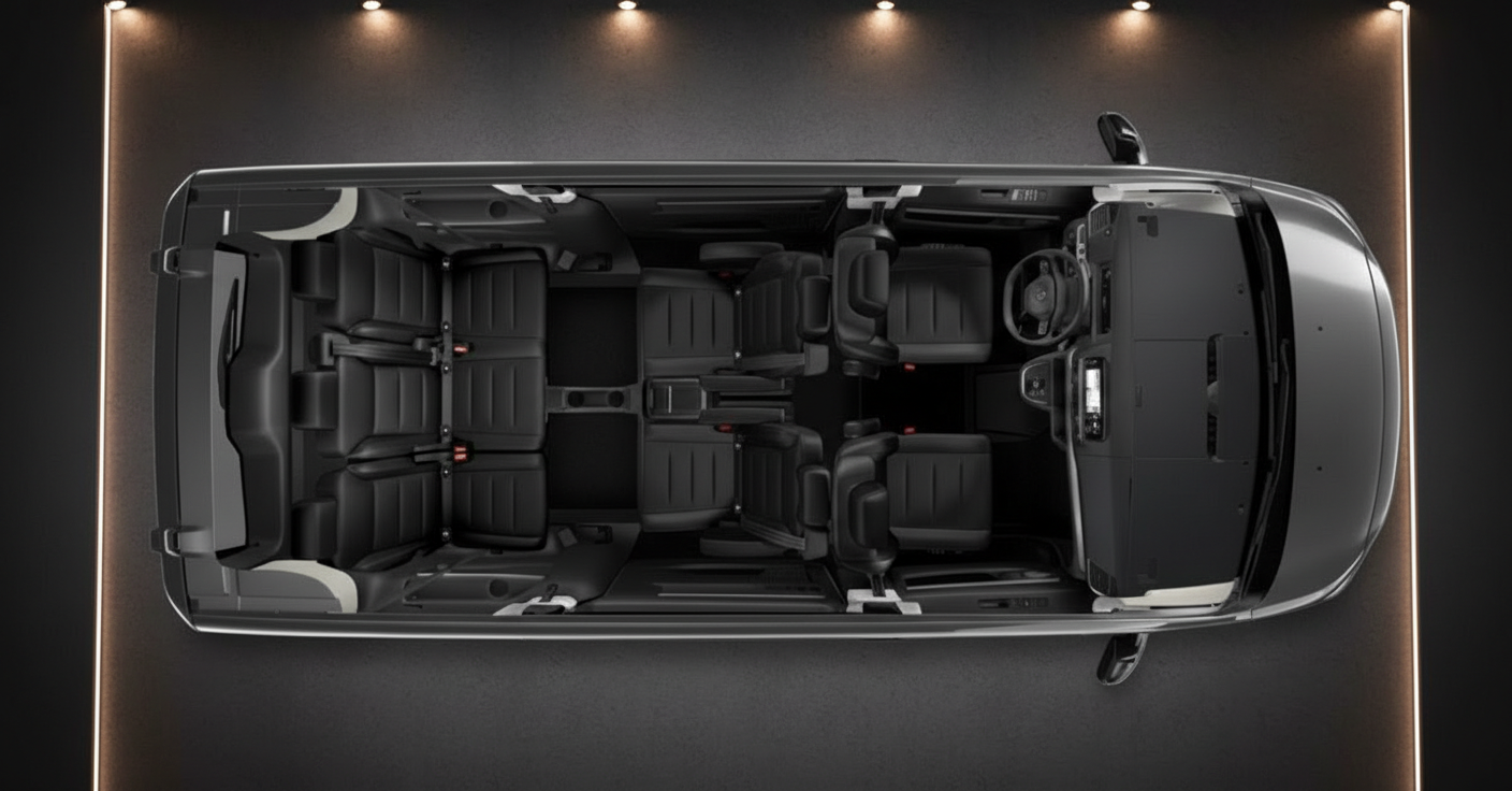 Vogelperspektive Fahrzeuginnenraum mit schwarzen Ledersitzen und Mehrreihige Sitzanordnung