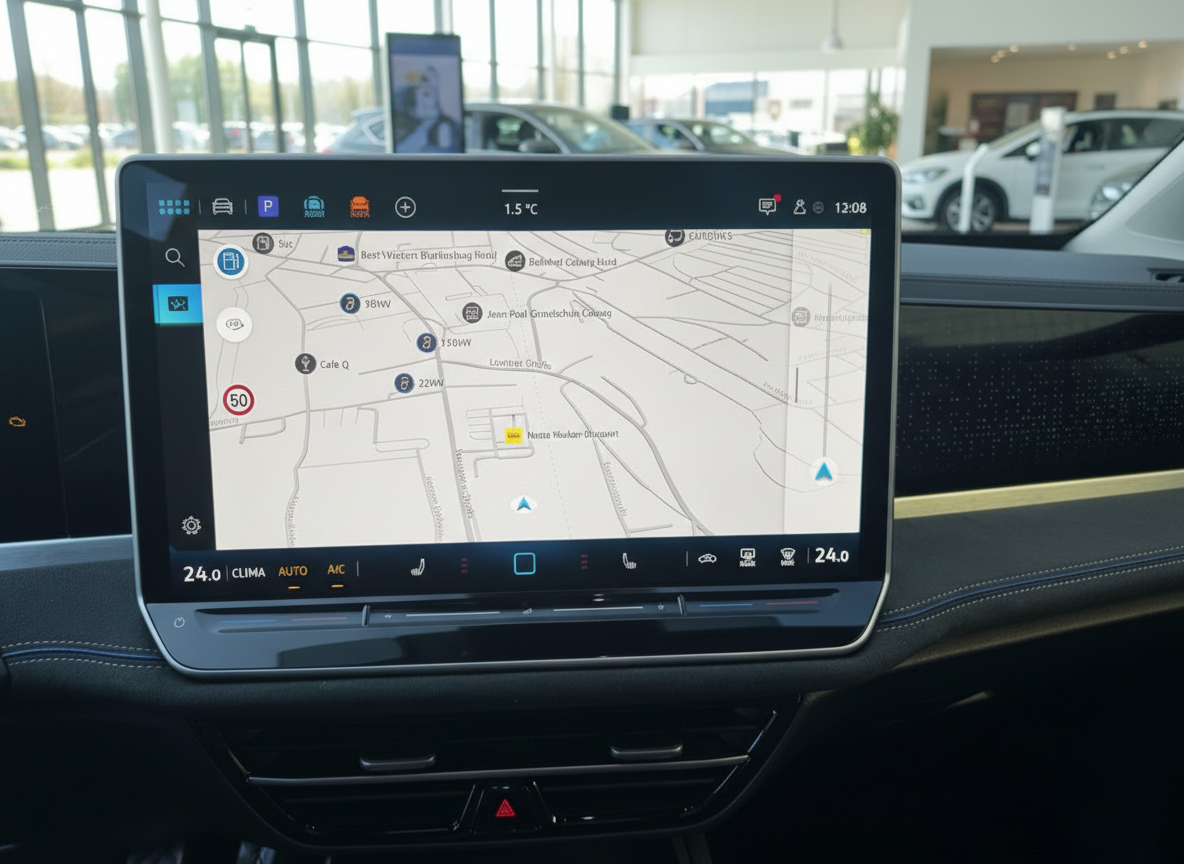 Volkswagen Infotainment-Display mit Navigationskarte und Klimasteuerung im Fahrzeuginnenraum