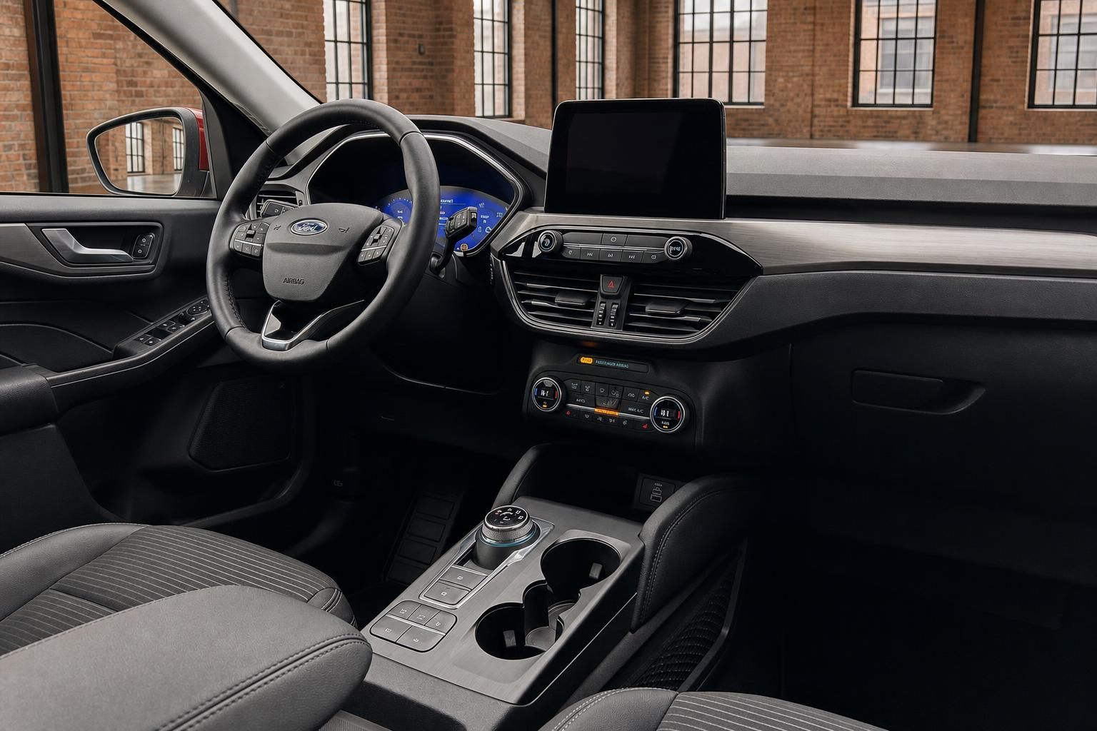 Ford Cockpit mit Lenkrad, Touchscreen und Mittelkonsole im Detail