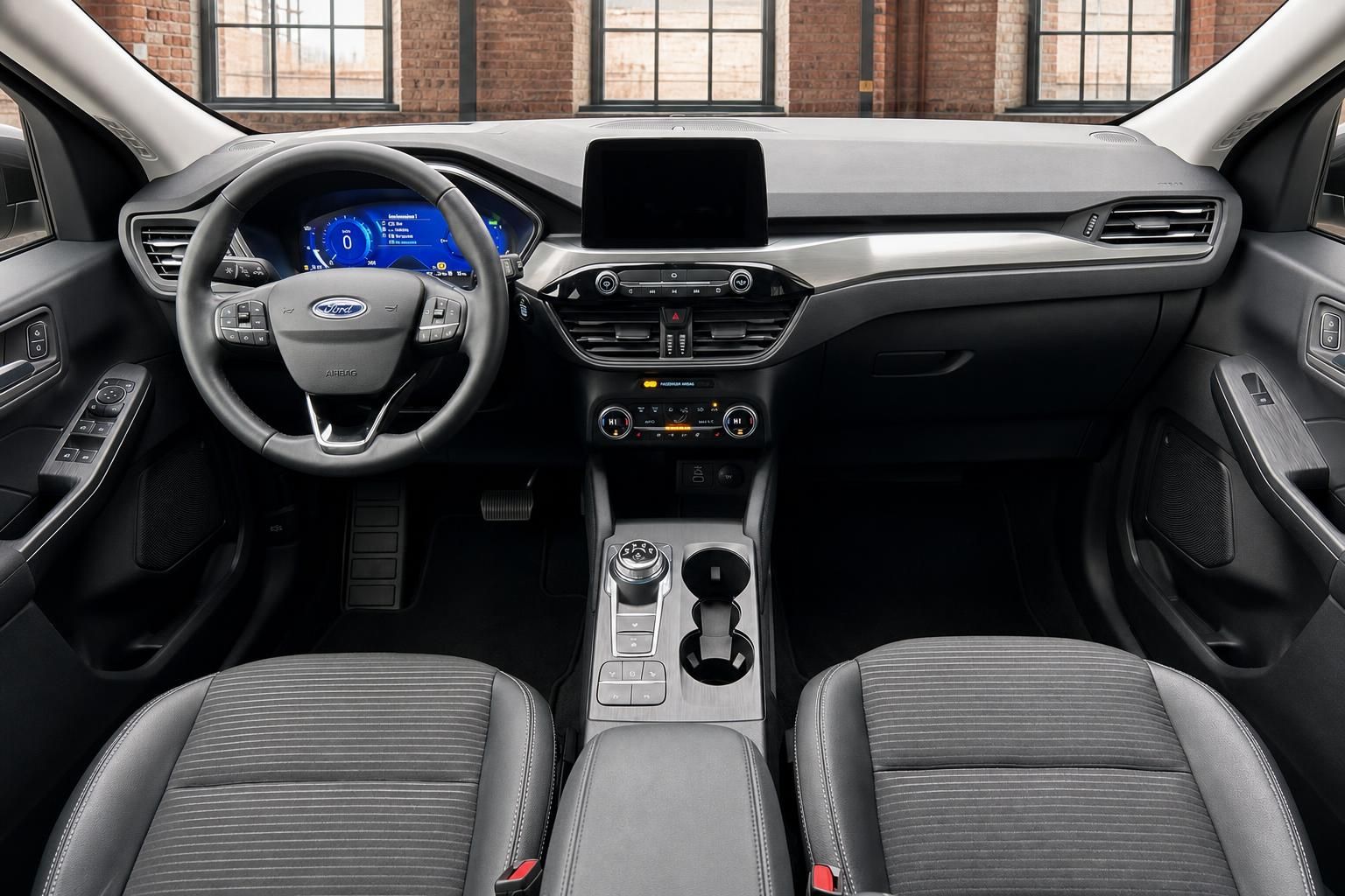 Ford Innenraum Frontansicht mit Lenkrad, Display und Vordersitzen
