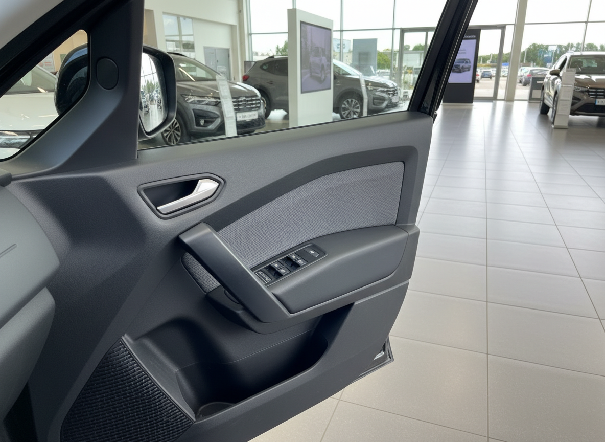 Fahrzeuginnenraum Fahrertür mit Fensterheber und Türverkleidung im Autohaus