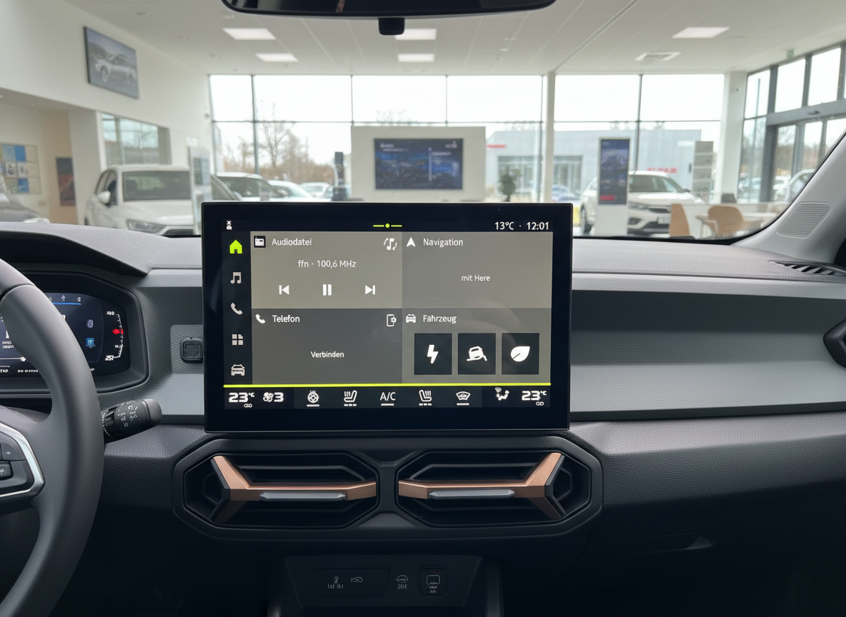 Fahrzeug Innenraum Infotainment-Display mit Navigation, Radio und Klimaanlage im Autohaus