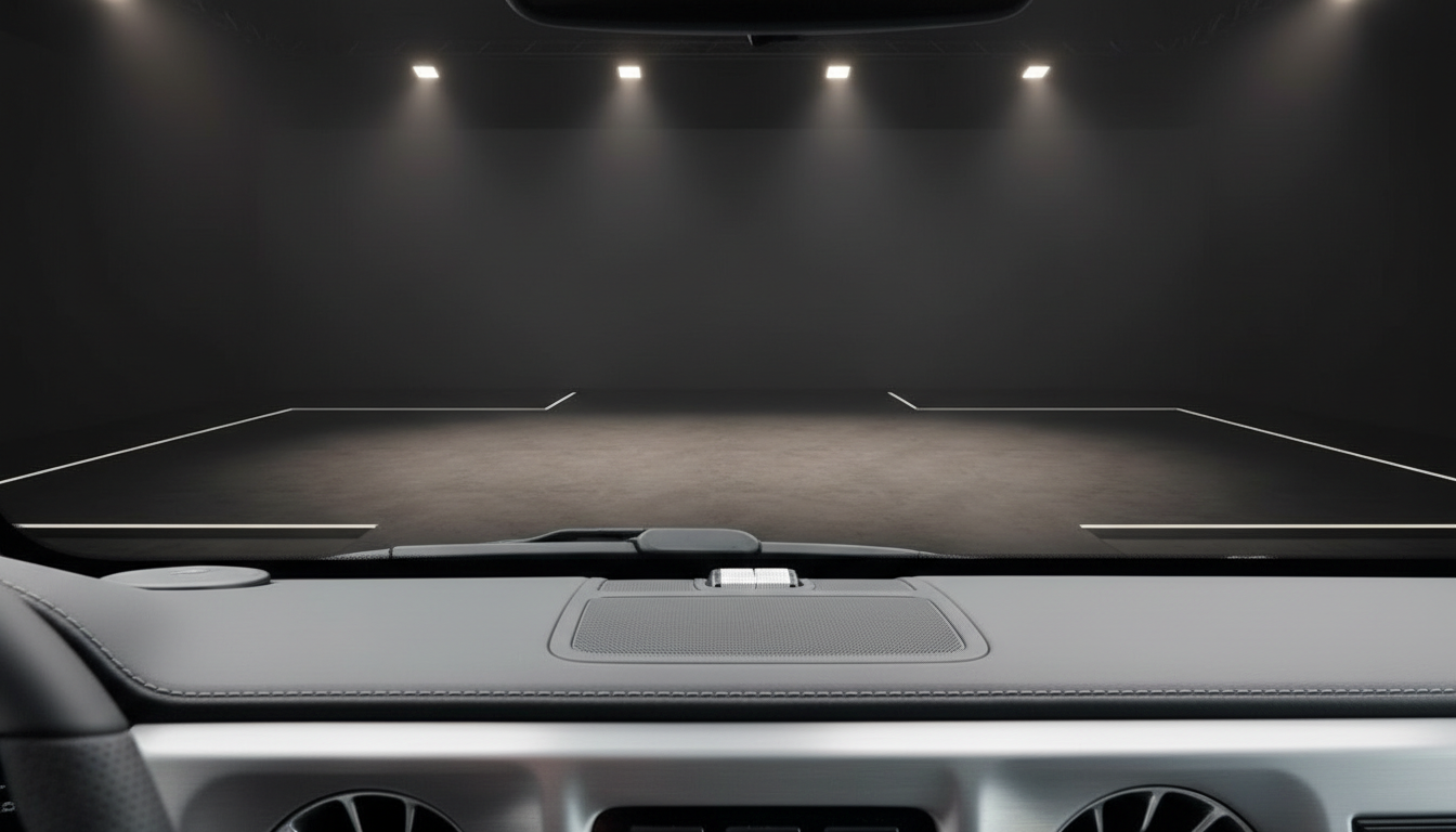 Fahrzeug Armaturenbrett Innenraum mit Windschutzscheibe und Lautsprechergrill in grau-schwarz