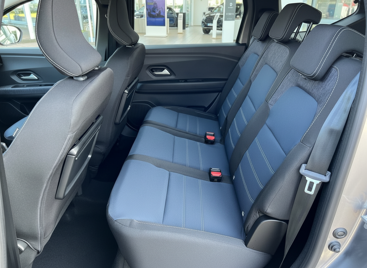 Dacia Jogger Innenraum Rücksitzbank blau-schwarz mit Sicherheitsgurten im Autohaus