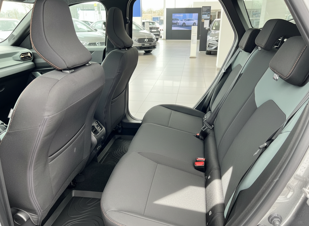 Fahrzeug Innenraum Rücksitzbank schwarz grau Stoff mit orangefarbenen Nähten im Autohaus