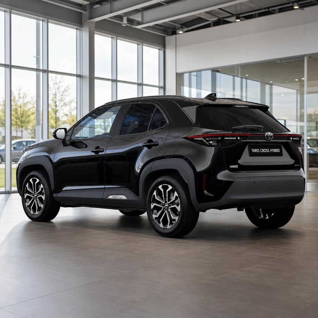 Toyota Yaris Cross Hybrid in schwarz, Heckansicht mit LED-Rücklichtern im Showroom