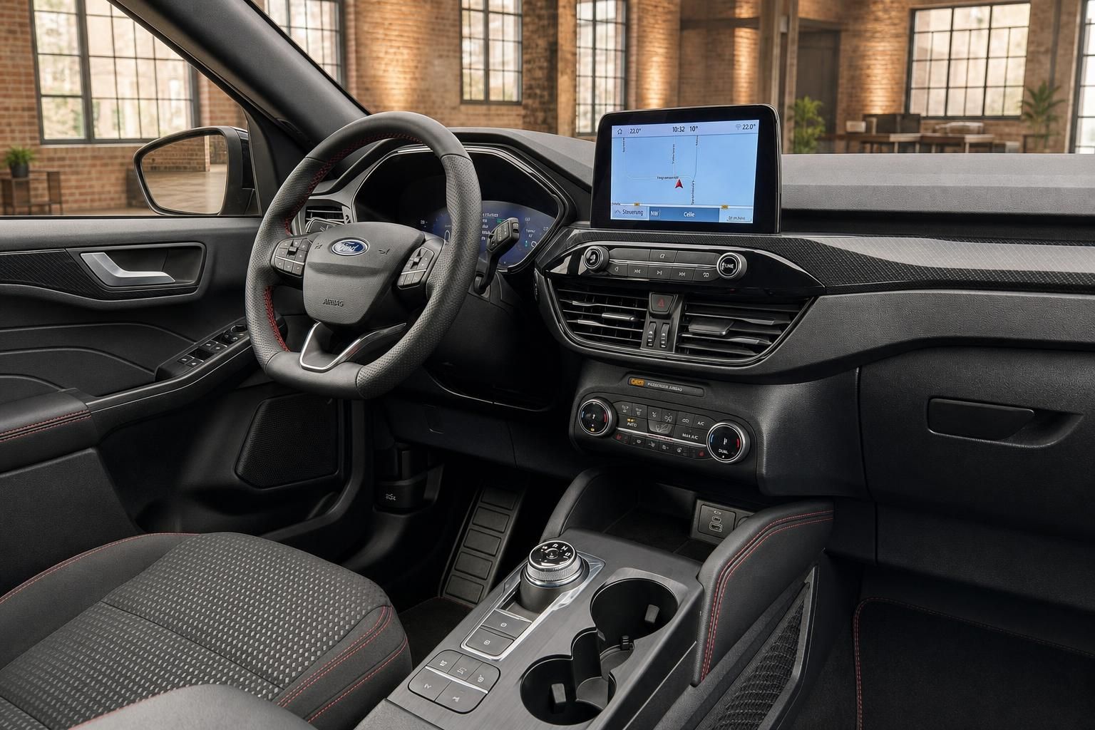 Ford Cockpit mit Lenkrad, Navigationsdisplay und Mittelkonsole im Detail