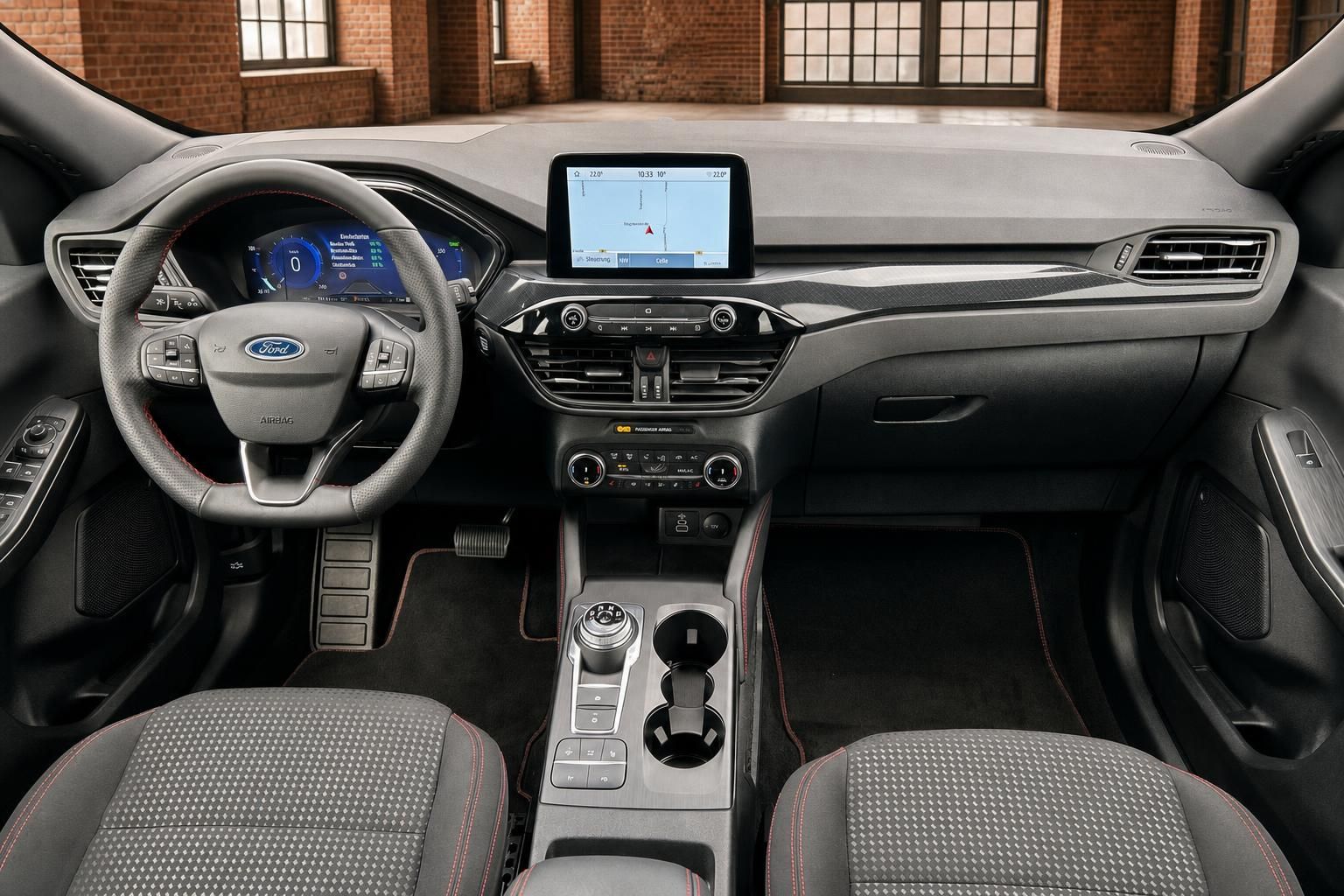 Ford Cockpit Frontalansicht mit Lenkrad, Display und Mittelkonsole