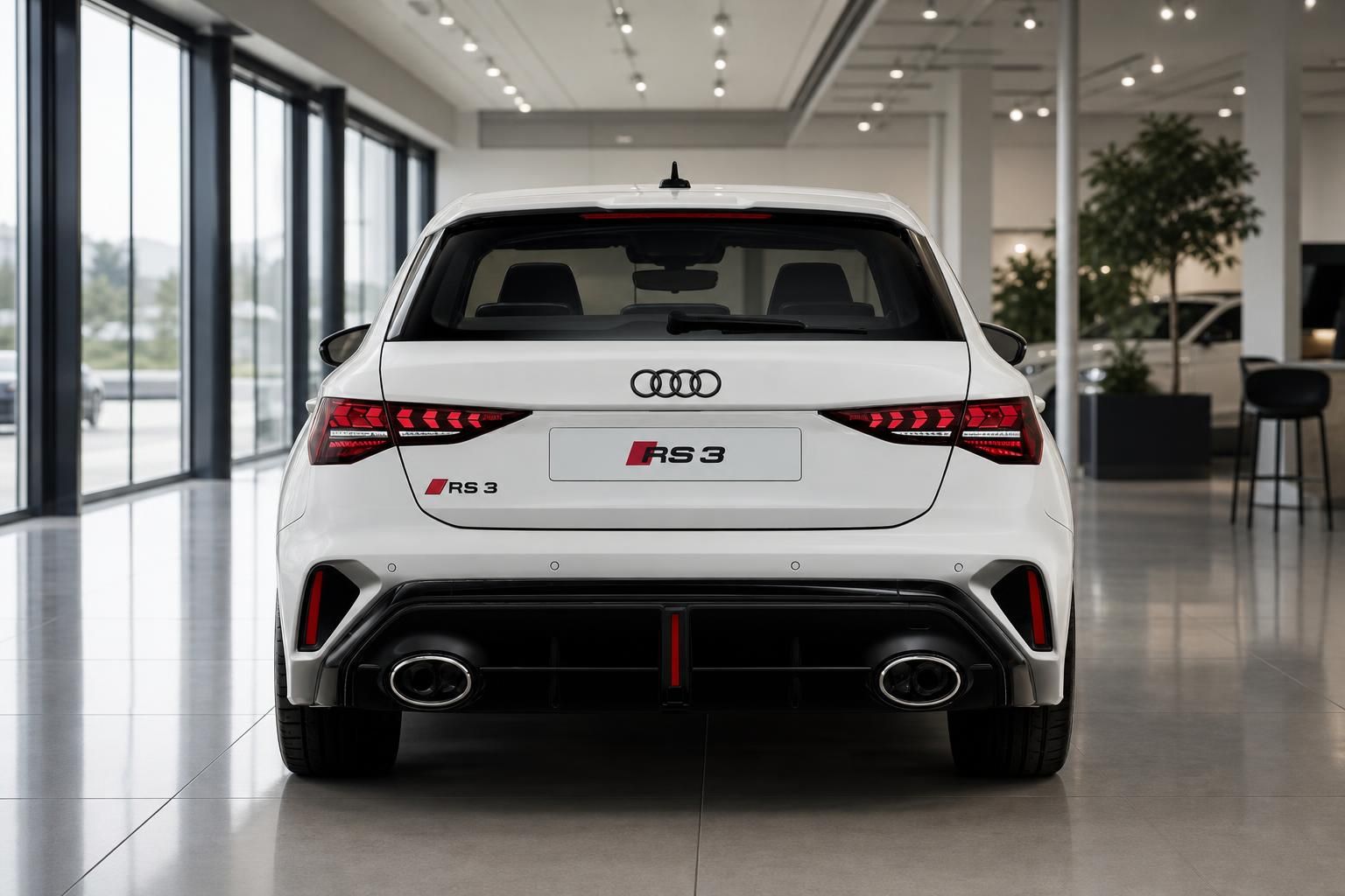 Audi RS3 Sportback weiss Heckansicht gerade im Autohaus mit Diffusor und Doppelauspuff