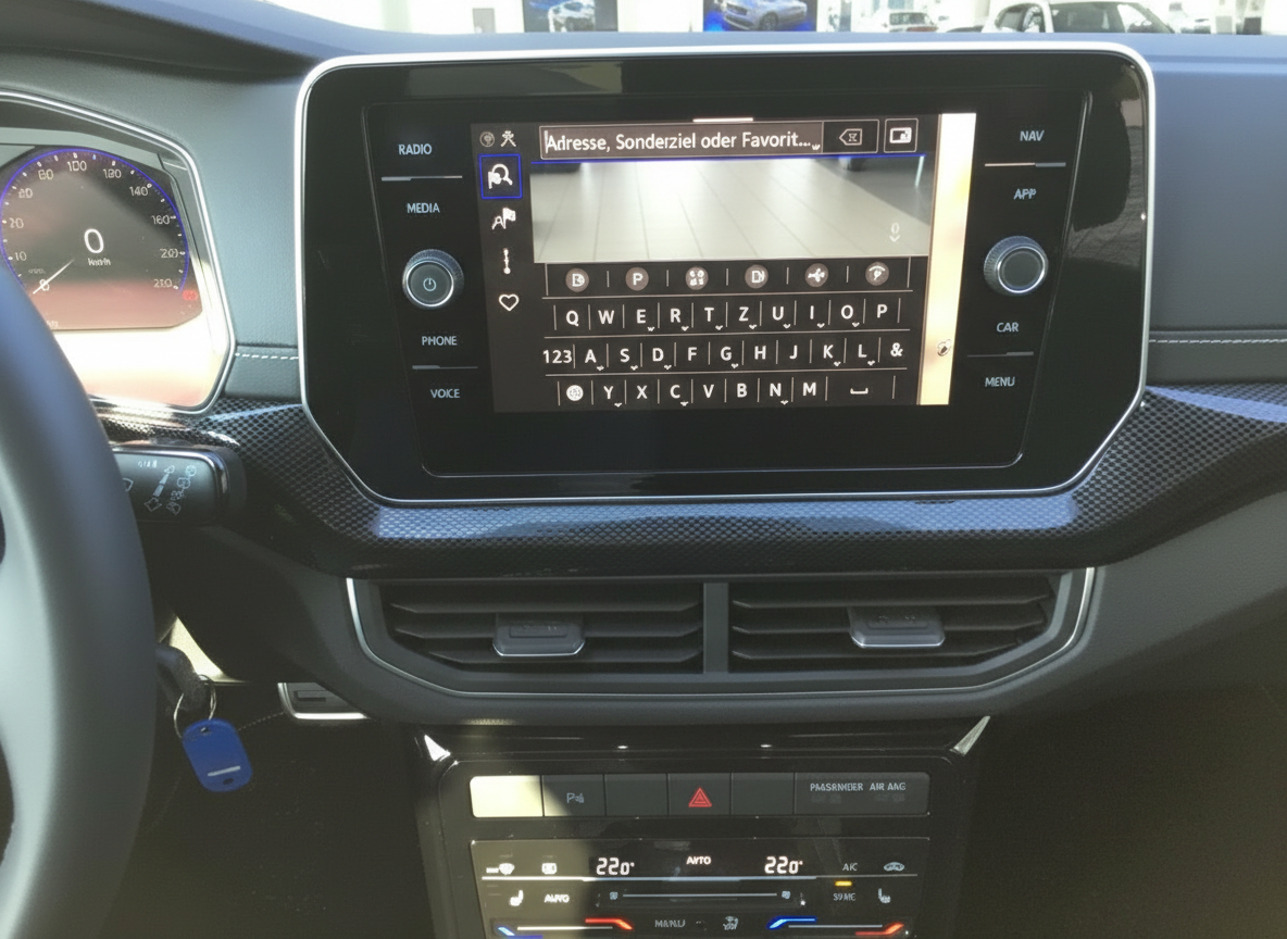 Volkswagen Innenraum mit Infotainment-Touchscreen und Navigationssystem im Cockpit
