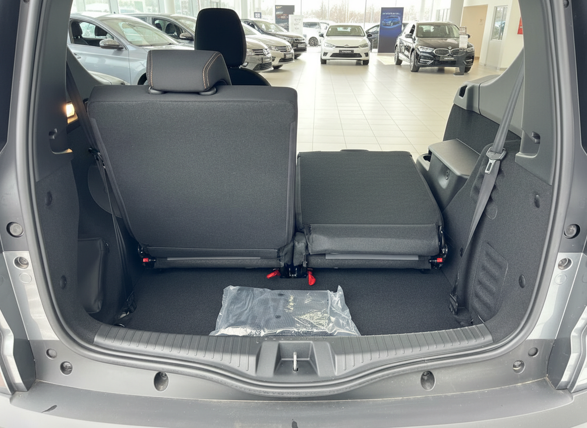 Kofferraum mit umklappbarer Rücksitzbank und Laderaum eines Kompakt-MPV im Autohaus