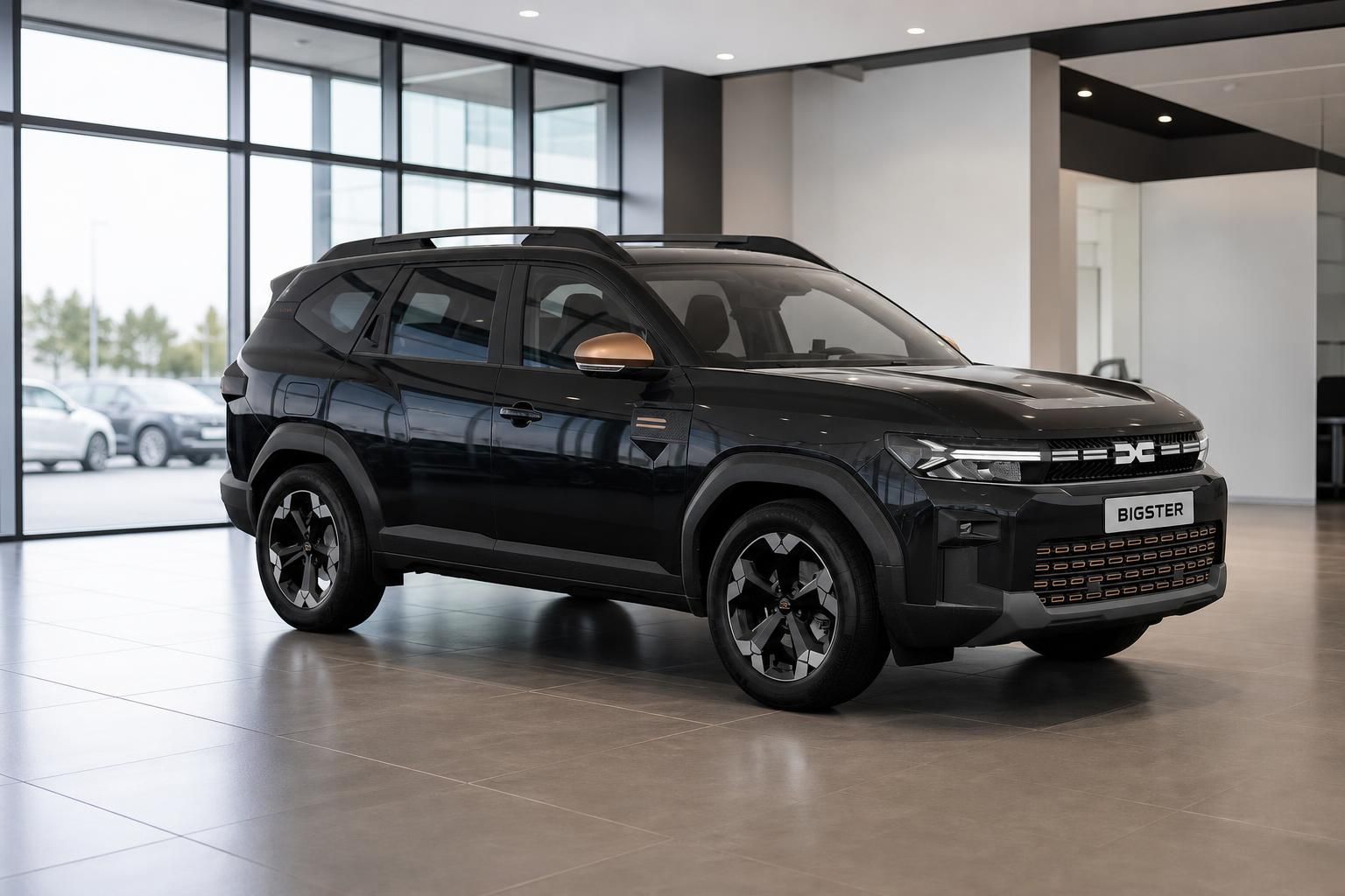 Dacia Bigster schwarz Frontansicht seitlich im Showroom