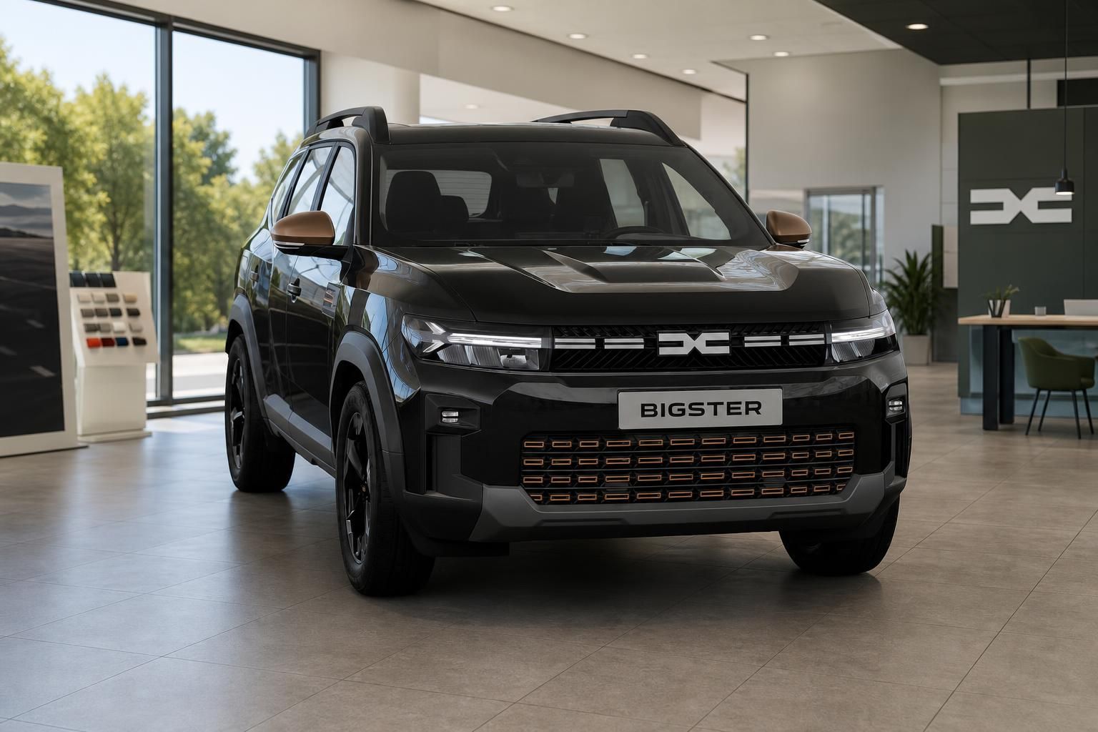 Dacia Bigster schwarz, Frontansicht im Autohaus-Showroom