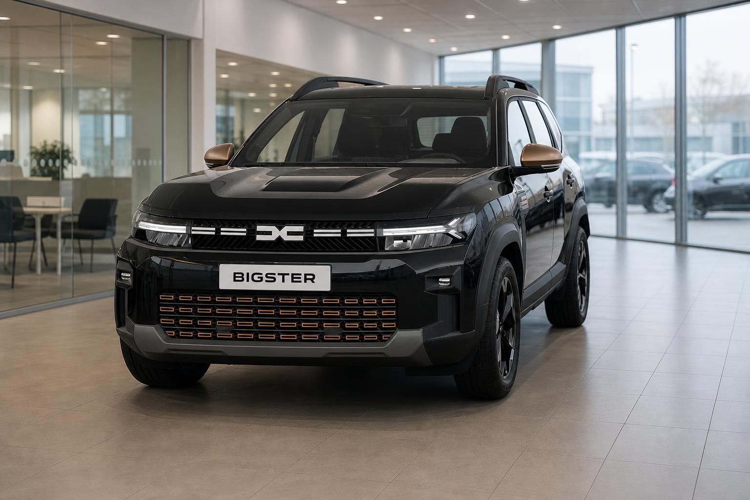 Dacia Bigster schwarz, Frontansicht im Showroom mit Panoramafenstern