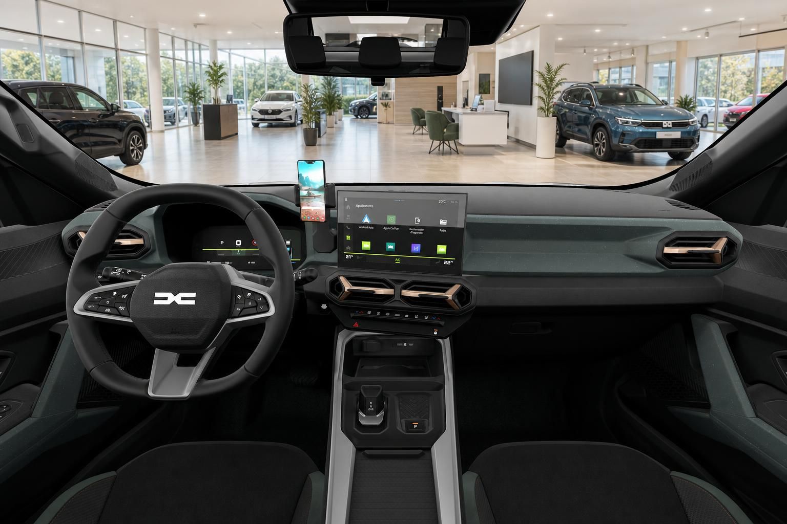 Dacia Bigster Cockpit mit Lenkrad und Infotainment-Display im Showroom