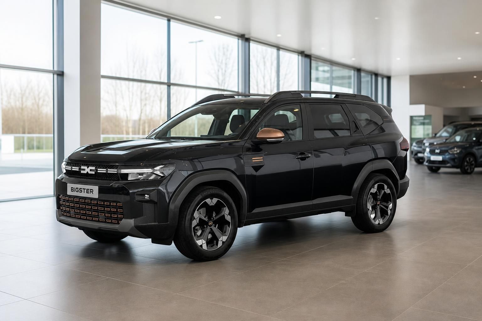 Dacia Bigster schwarz, Frontansicht schraeg im Showroom