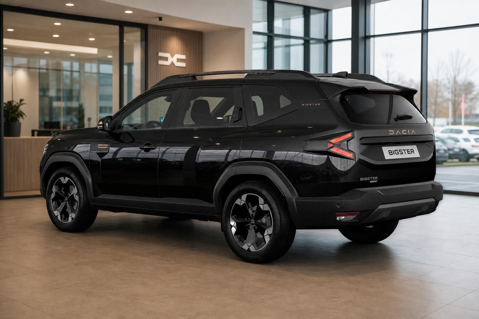 Dacia Bigster schwarz, Heckansicht schraeg im Showroom