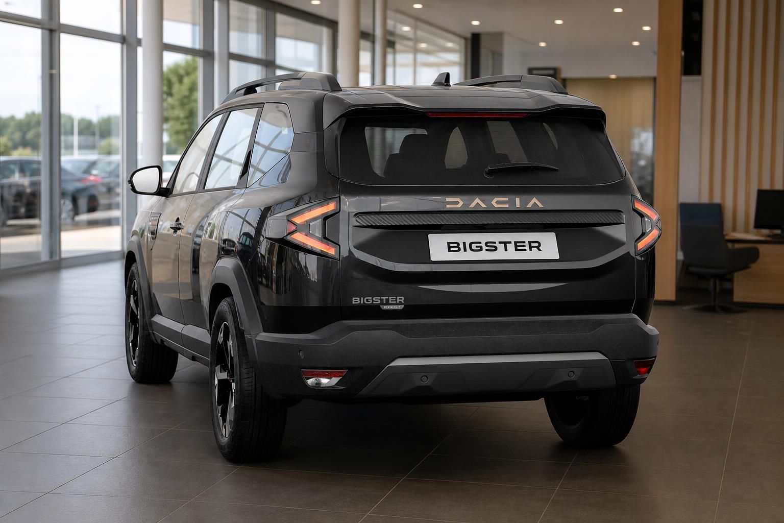 Dacia Bigster in Schwarz, Heckansicht im Autohaus-Showroom