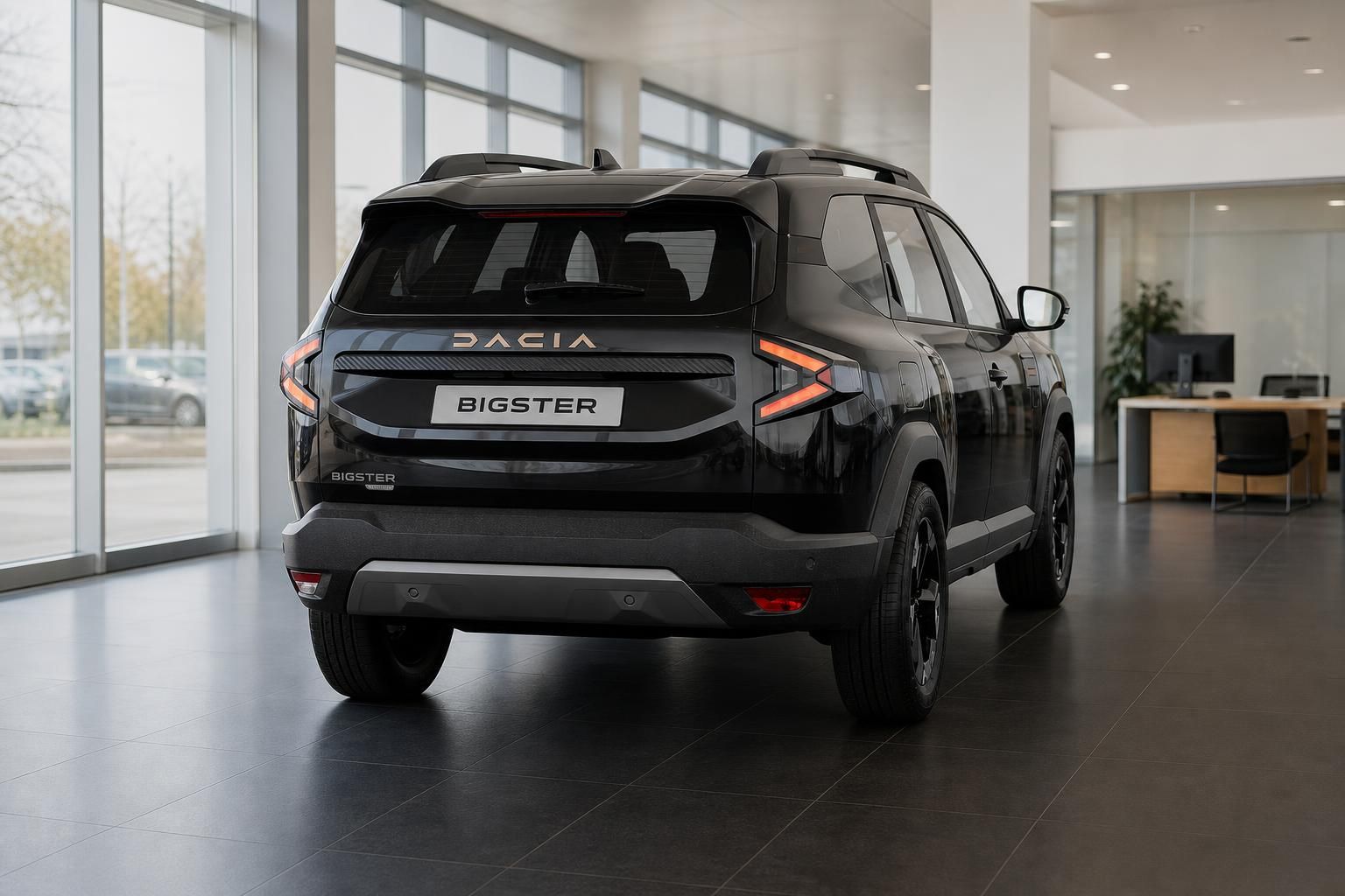 Dacia Bigster schwarz Heckansicht im Showroom Autohaus