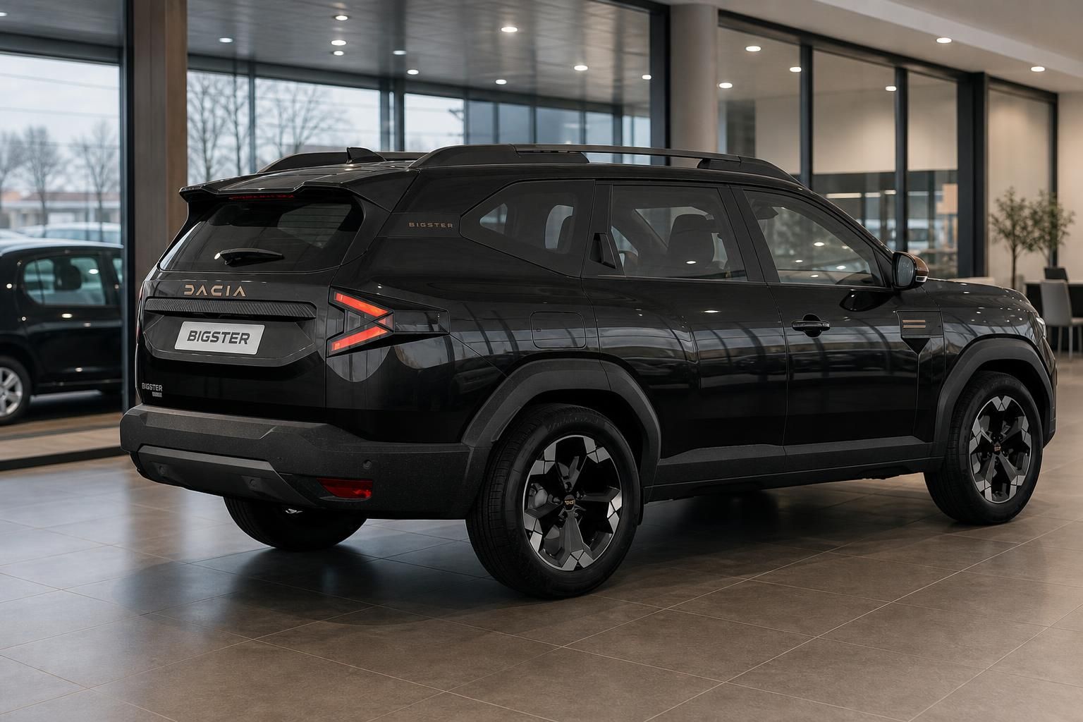 Dacia Bigster schwarz Heckansicht seitlich im Autohaus