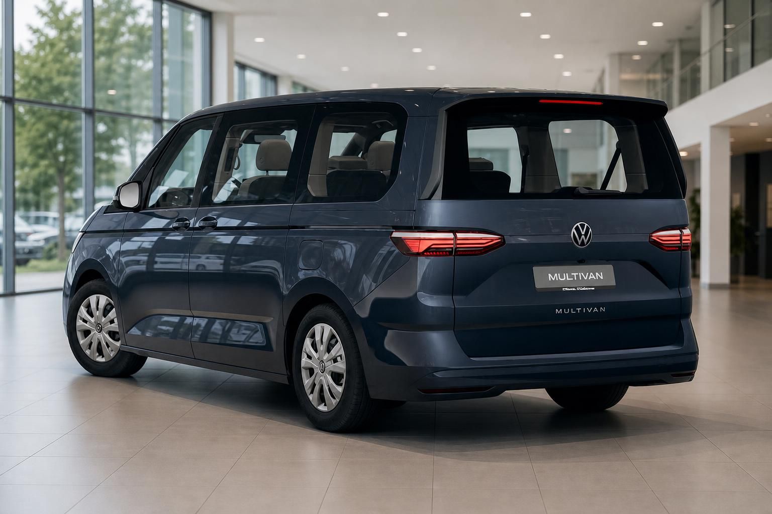 VW Multivan in Blau, Heckansicht im Autohaus