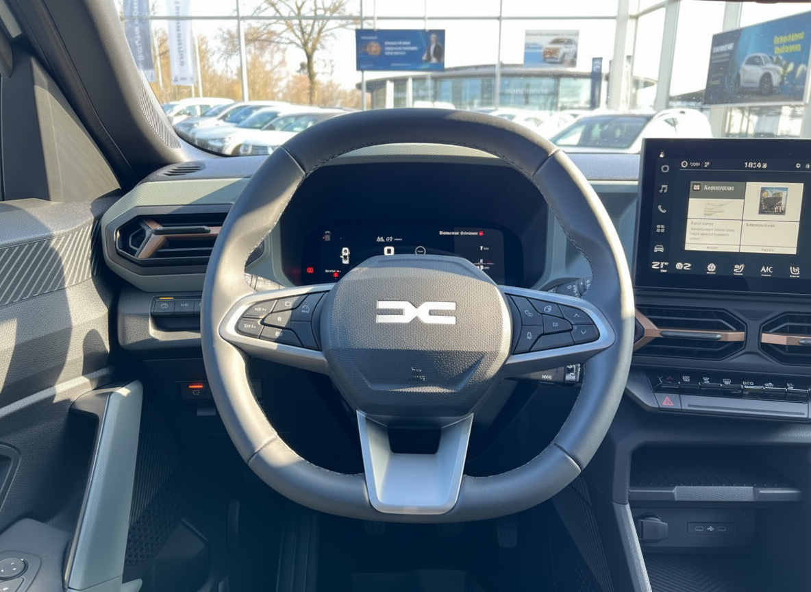 Dacia Innenraum mit Lenkrad, digitalem Cockpit und Touchscreen-Infotainmentsystem