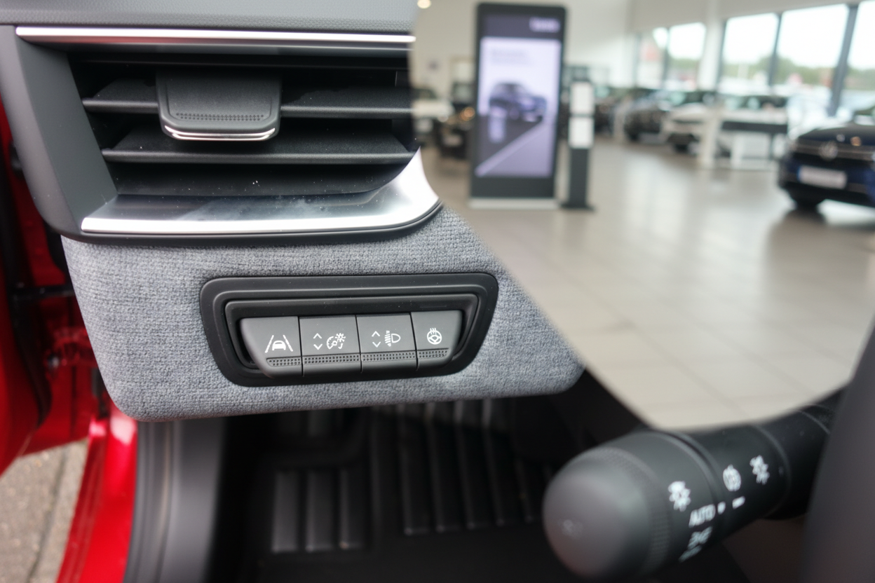Fahrzeug-Innenraum mit Schalterleiste für Fahrassistenz, Lichteinstellung und Lenkradheizung