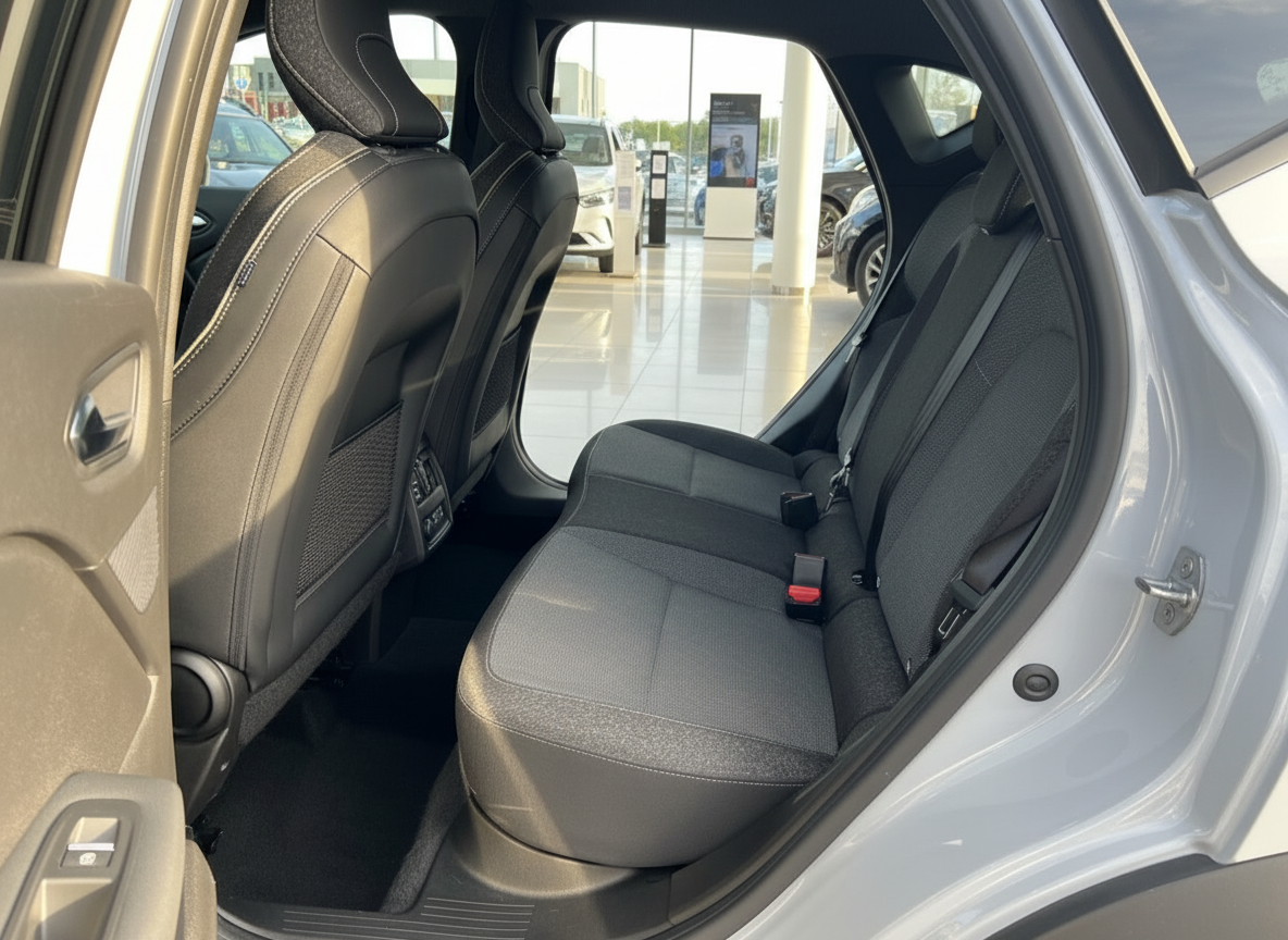 Innenraum Rücksitzbank eines SUV in schwarzem Leder mit Sicherheitsgurten im Autohaus